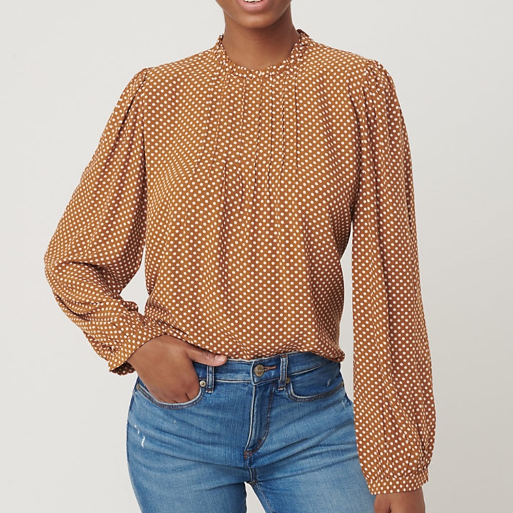 LOFT Dotted Pintucked Blouse Size Medium Brown Vivid Vicuna Career Workwear